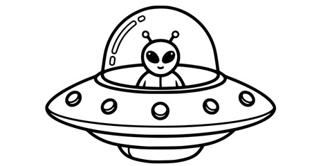 Fototapeta premium Cute Alien in UFO Spaceship Vector Outline Sci-Fi Illustration for Kids Coloring Book Design