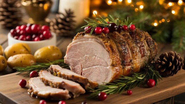 Festive holiday roast with cranberries and rosemary served with potatoes, perfect for Christmas dinner celebrations and warm family gatherings