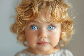 Naklejka premium A young child with vibrant blue eyes and curly hair looks upward, captured against a gentle gray backdrop. Focuses on innocence and wonder.