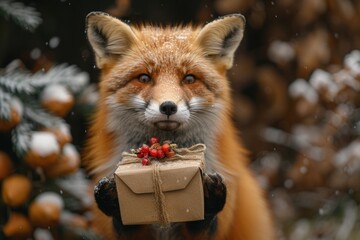 Obraz premium A charming fox delicately holds a gift box adorned with vibrant red berries. This image evokes feelings of warmth, generosity, and festive delight. Suitable for marketing, holidays, and general use.