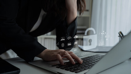 Cybersecurity protection system showing password encryption, fingerprint ID, cloud security, email, credit card, and database lock for secure data access Latch