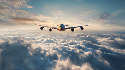 Avion vole dans le ciel au-dessus des nuages pendant le matin.