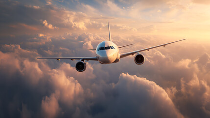 Un avion survole des nuages au coucher du soleil.