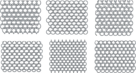 Illustration of six chainmail patterns on a white background surface