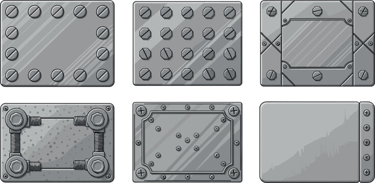 Illustration of six metal plates with screws and bolts in gray scale