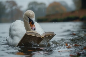 A serene white swan with an orange beak is engrossed in a book while standing in a pond during a rainy day. The scene evokes tranquility and contemplation.