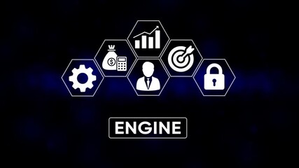 Business success strategy concept with icons representing finance growth target leadership security and operations symbolized by a gear and the word engine displayed prominently on a dark