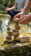 hands balancing stack of stones by garden pond with sign showing mental equilibrium