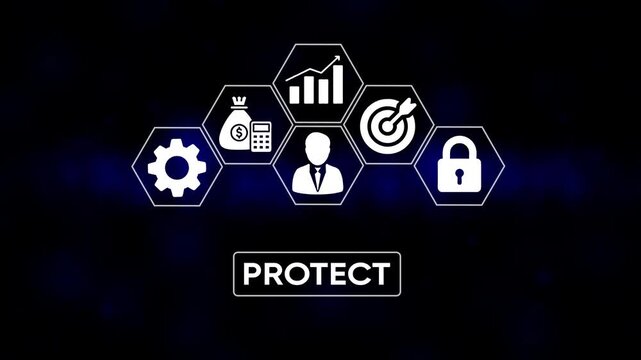 Business security strategy concept with icons for finance growth target management and protection on dark background with protect text overlay