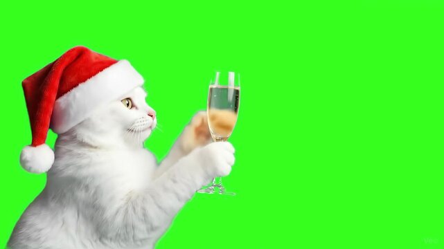 Funny White Cat in Santa Hat Celebrating with Champagne 