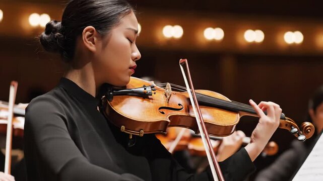 Musician playing classical string instrument with bow in performance setting
