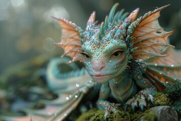 A stunning close-up photograph of a fantastical creature with iridescent scales and delicate wings. The blurred natural background adds to the magical and otherworldly atmosphere.