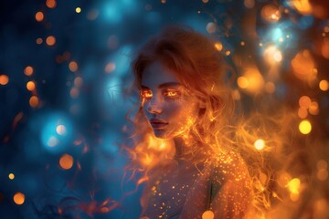 A striking portrait of a woman with intensely glowing red eyes, set against an abstract backdrop of vibrant blue and orange lights.  The image evokes a sense of mystery and otherworldly beauty.