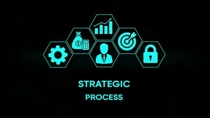 Business strategy icons gear money calculator graph target person lock strategic process concept digital animation glowing neon blue on black background - Powered by Adobe