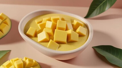 Mango Dessert Delight: A close-up shot of a creamy mango dessert served in a white bowl, the creamy custard base topped with fresh, cubed mango pieces, showcasing its freshness. - Powered by Adobe