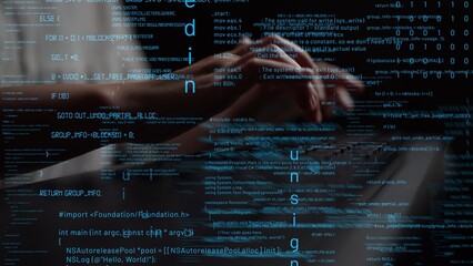 A close-up view of a programmer hands typing on a laptop keyboard amidst a cascade of glowing code, emphasizing the world of technology and digital creativity. Xenic