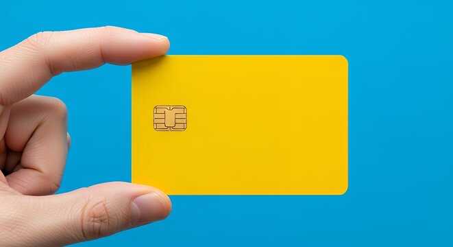Hand Holding Yellow Credit Card Against Bright Blue Background