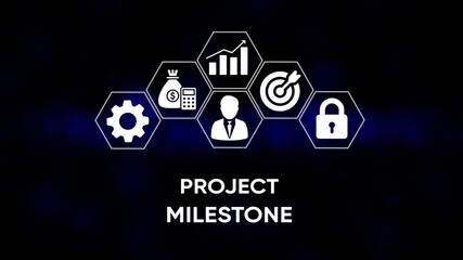 Business project success strategy icons representing finance growth target achievement management security and operational efficiency with project milestone text overlay on dark blue gradient - Powered by Adobe