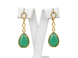Elegant Gold Dangle Earrings with Teardrop Green Gemstones, Set in Bezel & Suspended from Infinity Loops, Displayed on White Stand Against Black Background, Highlighting Sophisticated Design and Vibra