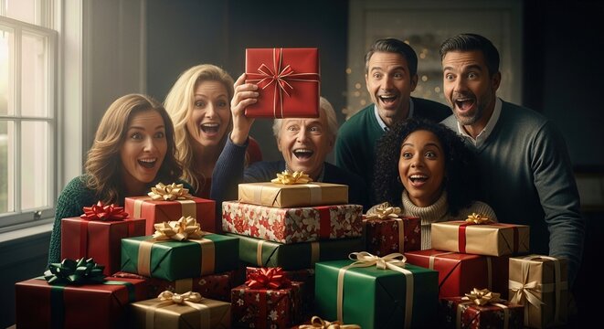 Diverse family members joyfully celebrating. Boxing Day excitement fills their home, gathering around colorful holiday presents with shared cheer.
