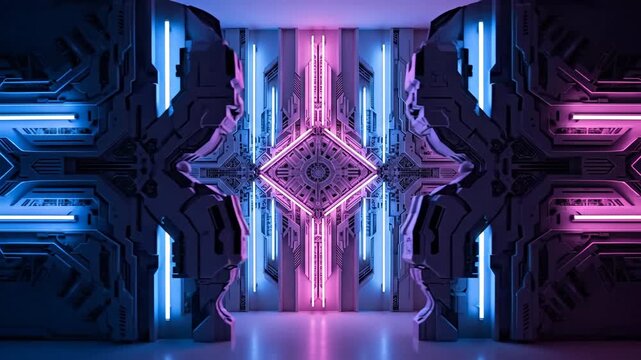 Futuristic Symmetrical Sci-Fi Hall with Glowing Neon Lights.