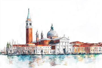 Watercolor illustration of venice canal with gondolas and dome buildings under pastel evening sky light © designermetin