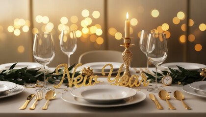 Elegant New Year’s Eve table decorations glimmer beautifully with candles, sparkling lights, and celebratory accents