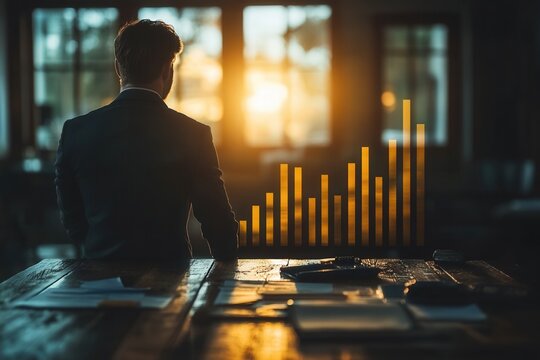 A business professional sits at a desk reviewing a data visualization, suggesting strategic planning and analysis.