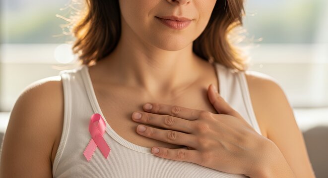 Woman Wearing Pink Ribbon Breast Cancer Awareness Pin Resting Hand on Chest in Supportive Pose in Bright Indoor Setting