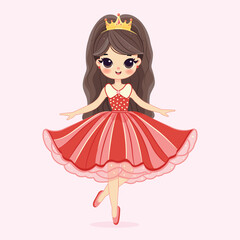 Cute little princess with beautiful eyes in red dress and golden crown. Isolate on color background, Vector illustration in flat drawn cartoon style