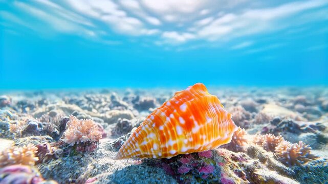 Underwater shell: A single, vibrant seashell rests gracefully on the ocean floor, illuminated by the sun's gentle rays filtering through the clear, turquoise water. An aquatic harmony.