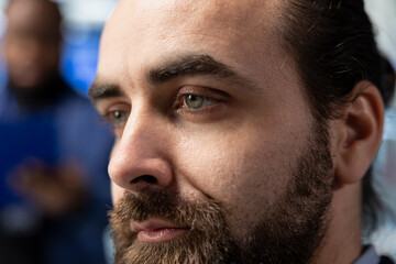 Male general director reviewing maintenance and efficiency in a plant, ensuring equipment functionality and contributing to reliable sustainable industrial operations. Engineering. Close up.