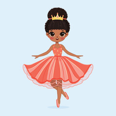Cute little princess with beautiful eyes in red dress and golden crown. Isolate on color background, Vector illustration in flat drawn cartoon style