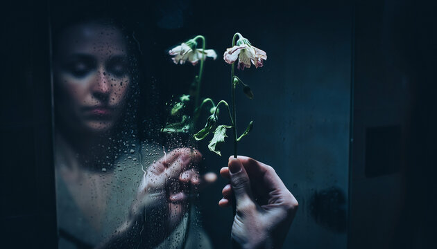 Melancholy portrait with a womans face blurred behind a rainstreaked window, holding a withered flower. Evokes themes of loss, reflection, and solitude. Artistic emotional.