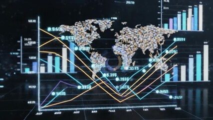 Digital World Map with Animated Infographics Global Data Analysis and Statistics Featuring Scrolling Numbers, Colorful Pie and Bar Charts on Futuristic Interface Against Dark Background - Powered by Adobe