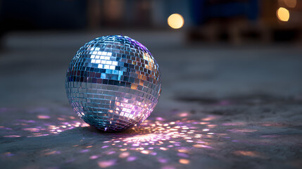 Une boule à facettes sur le sol illumine l'espace avec des reflets lumineux pendant une soirée