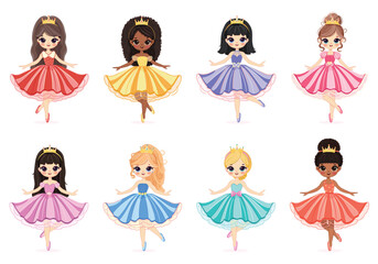 Set of cute different nationalities little princess on white background. Poster, Banner, Flyer, Greeting Card. Vector illustration in flat drawn cartoon style