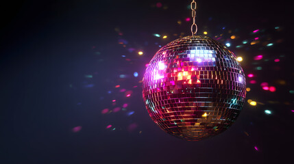 Un miroir sph&eacute;rique suspendu &eacute;claire une salle de danse avec des couleurs vives pendant une f&ecirc;te nocturne