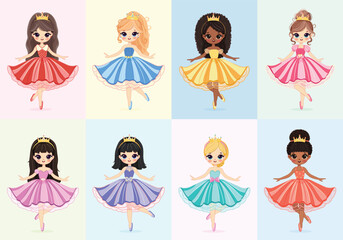 Set of cute different nationalities little princess with beautiful eyes and golden crown. Poster, Banner, Flyer, Greeting Card. Vector illustration in flat drawn cartoon style