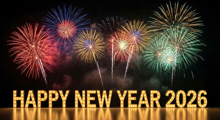 Happy New Year 2026 neon light typography with vibrant fireworks. 3D night celebration scene with reflections on wet ground. Energetic party atmosphere.