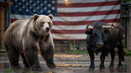 Dynamic showdown with a grizzly bear facing a bull before the American flag, a unique symbol for business and financial markets - Powered by Adobe