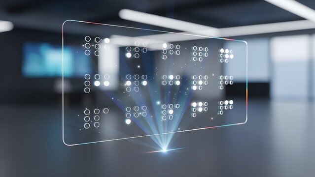 Futuristic holographic display with braille data projection in a modern office space