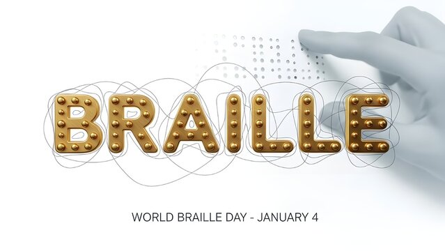 Close up of a hand feeling braille dots on a white background