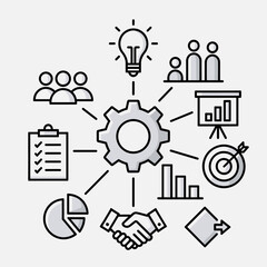 Business teamwork and management line icons with gear and charts
