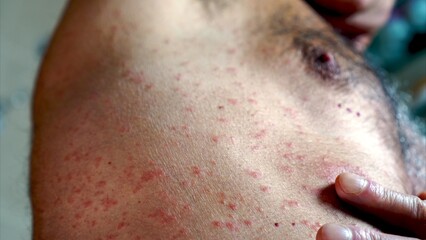 Fototapeta premium Person's finger pointing to a painful and itchy red rash on the torso, showing symptoms of a dermatological condition like shingles or an allergic reaction, impacting general health