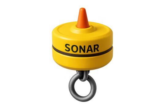 Yellow sonar buoy tracking sound underwater with transparent background