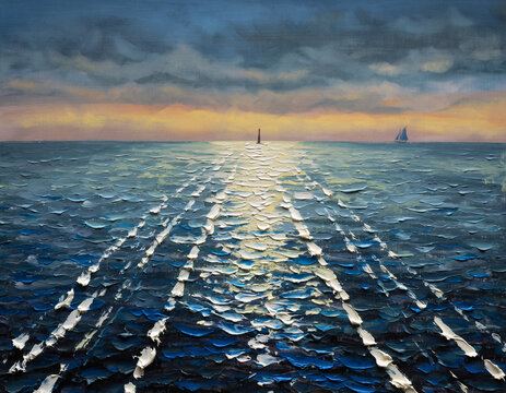 Impasto painting of sailboats on ocean at sunset. Evokes serenity, journey, and adventure. Ideal for travel, inspiration, or artistic projects.