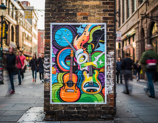 Urban art vibrancy Colorful poster of musical instruments on a weathered brick wall, street scene. Evokes creativity, passion, urban culture, music scene.