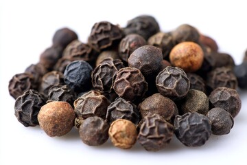 Obraz premium Black Pepper: An appetizing close-up of a pile of aromatic black peppercorns, showcasing their varied textures and enticing hues.