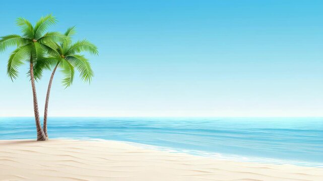 Tropical Paradise: Palm trees frame a serene coastal landscape. Azure waters meet a cloudless sky, creating an ideal setting for relaxation.